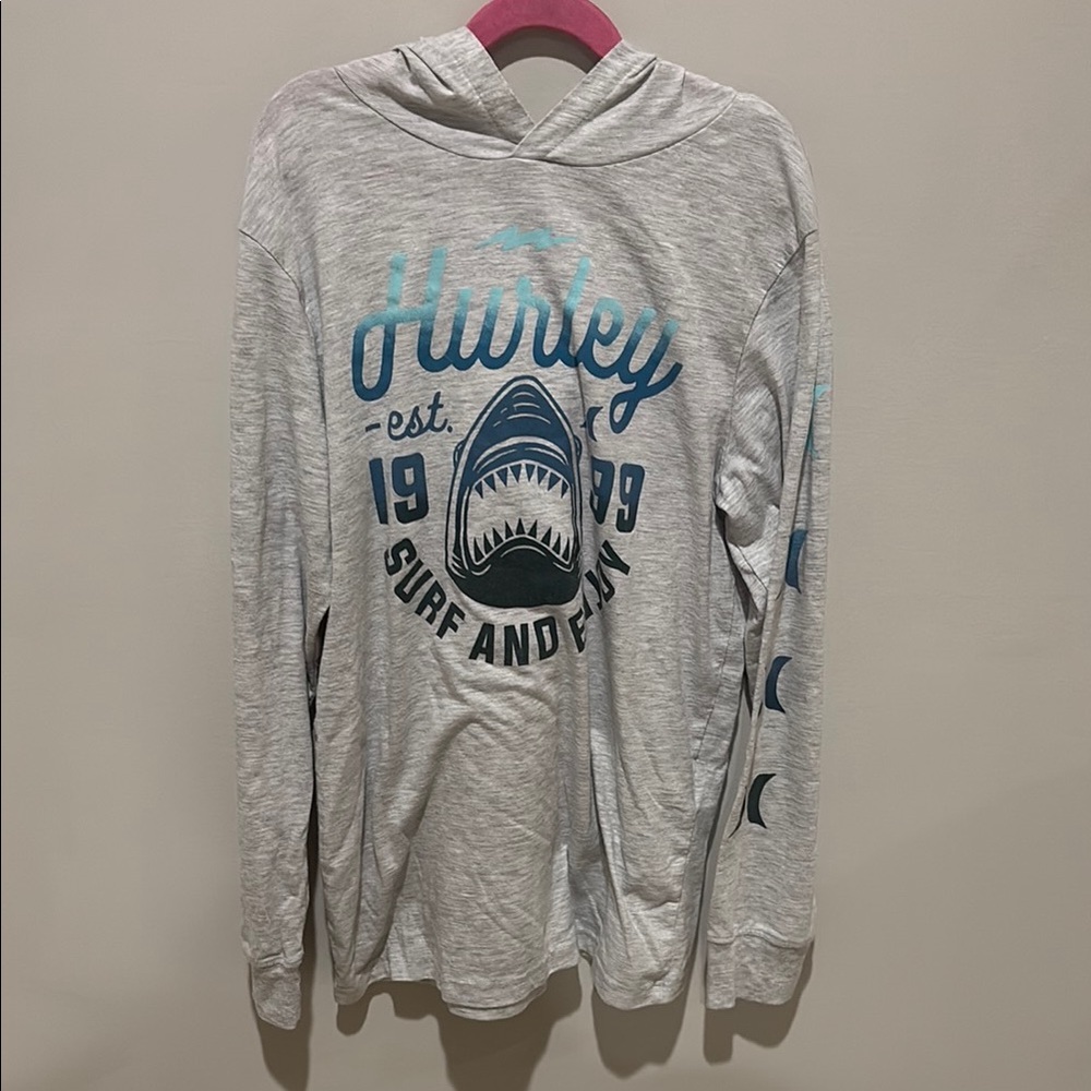 Hurley Light Gray Hoodie with Blue Shark Design